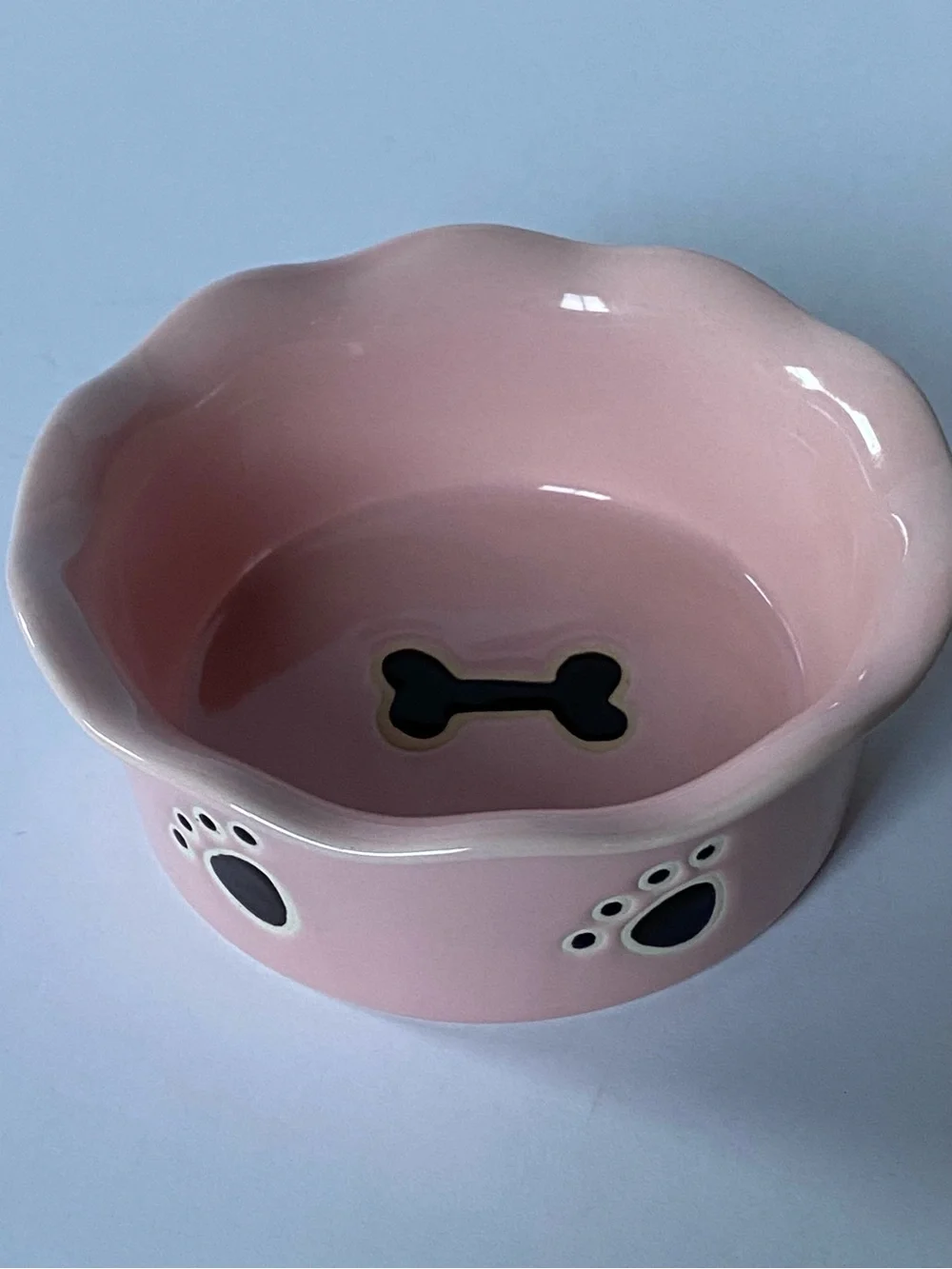 Pink Ceramic Dog Food Water Dish Bowl Stoneware 5” Wavy Edge Paw Prints Bone